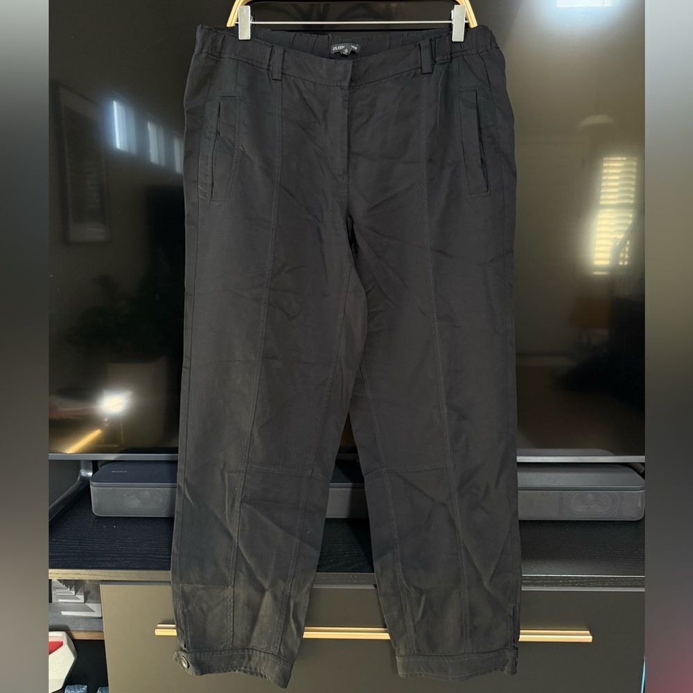 EILEEN FISHER Tencel Pants Twill Tapered Ankle Button Cuff Utility Black